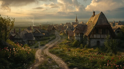 Medieval fantasy village with thatched roof cottages nestled in rolling countryside landscape during golden hour atmospheric lighting
