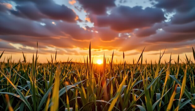 a tranquil rural scene with a sunset casting a warm glow over a field of tall crops