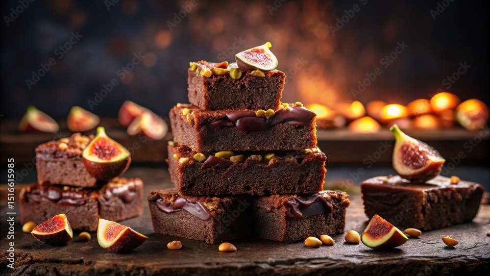 Poster delicious chocolate brownies topped with fresh figs and pistachios, arranged in a tempting stack on 