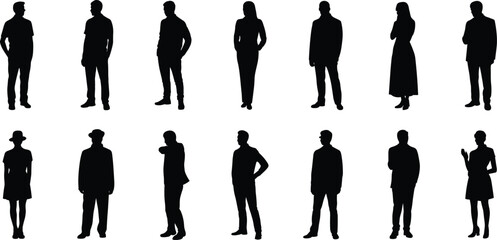 Silhouette vector of diverse standing people, men and women, business casual, isolated characters, profile poses, editable for design use