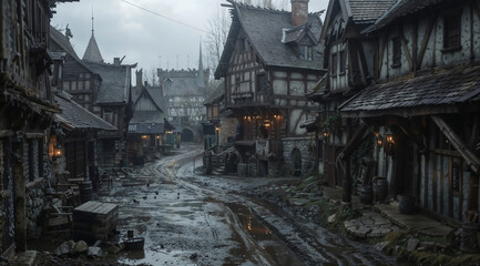 An old fantasy dirty and dark village with a narrow, muddy street winding between ancient, weathered timber-framed houses under a gloomy, overcast sky, evoking a medieval or gothic feel.