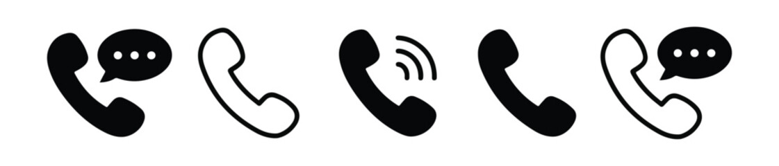 Telephone Call Icon Set Vector – Phone Receiver, Message Bubble, and Communication Symbols Outline & Solid. Transparent background