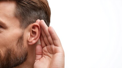 Closeup of a young man with a beard listening intently, cupping his ear against a bright white background, exuding curiosity and attentiveness with copy space on the left