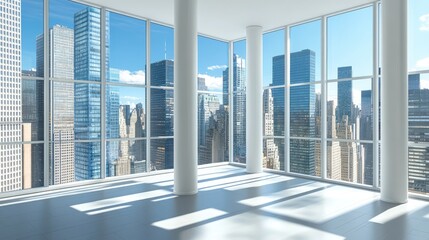 Empty modern office space with panoramic city views.