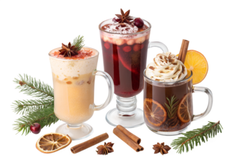 Christmas Mulled Wine, Hot Chocolate, Eggnog, Apple Cider Drinks PNG Set