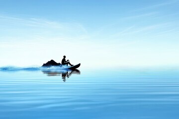 Fototapeta premium Silhouette of Person on Jet Ski on Calm Blue Water Under Pale Sky