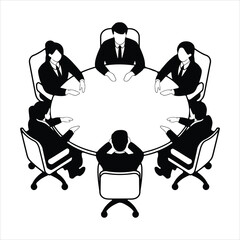 Business Team Meeting Around Round Table . Corporate Discussion Silhouette Vector.