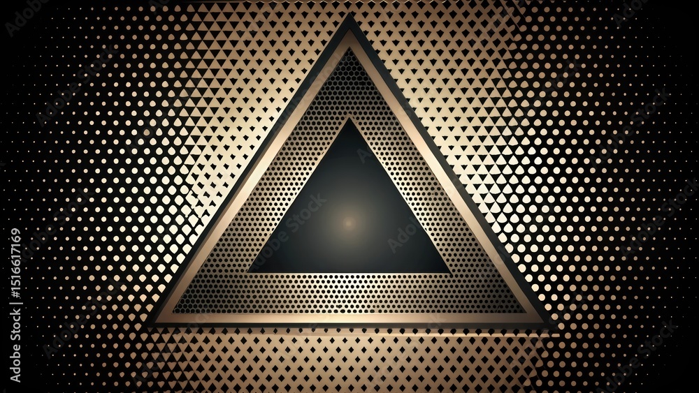 Poster Abstract Geometric Black and Gold Triangle Design with Perforated Metal Texture and Dotted Pattern Background