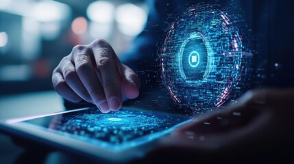 Modern cyber security technology concept with digital hologram of lock symbol over a smartphone screen at night