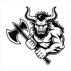Angry Minotaur Warrior with Battle Axe . Mythical Beast Mascot Vector Illustration.