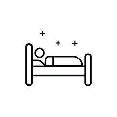Simple line icon of person sleeping peacefully in bed.  Represents rest and relaxation.