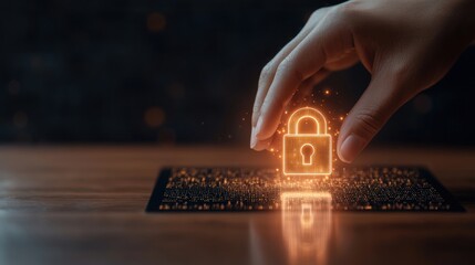 Digital security concept with glowing padlock icon on electronic device screen representing online privacy and data protection