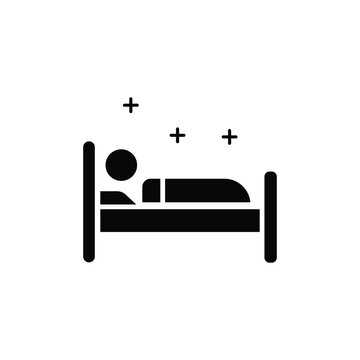 Simple black icon of a person sleeping in a bed, symbolizing rest and relaxation.