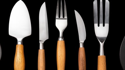 Sleek Kitchen Utensils with Light Brown Handles on Black Background