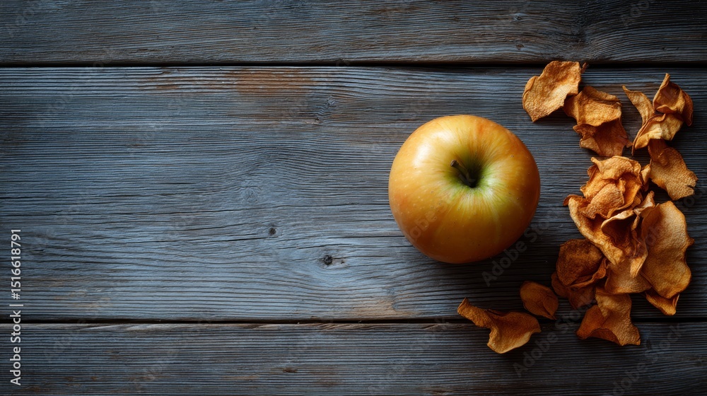 Poster Closeup of fresh golden apple with dried apple slices on rustic wooden surface showcasing texture and warm hues with space for text
