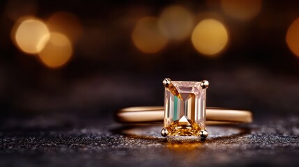 This exquisite gold ring, featuring a radiant gemstone, stands out against a blurred bokeh background, emphasizing luxury, elegance, and timeless beauty in jewelry design.