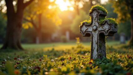 Fototapeta premium A Christian cross on a gravestone in a serene garden setting at sunset.