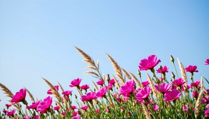 a field of pink flowers in full bloom with tall grasses, creating a vibrant and picturesque scene under a clear blue sky