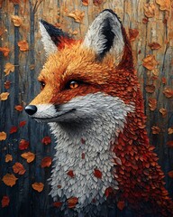 Surreal fox created from colorful, textured autumn leaves, perfect for fall-themed designs, fantasy art, and nature-related projects.