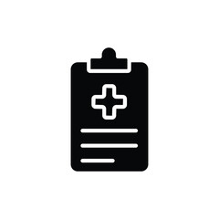 Black and white icon of a medical report on a clipboard.