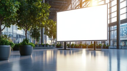 Modern indoor commercial space with large digital display screen in a glass building lobby
