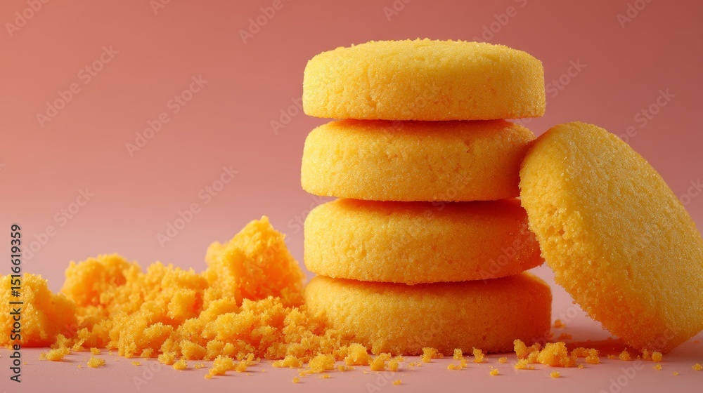 Poster closeup of golden shortbread cookies stacked on soft peach background with crumbs scatter and bright