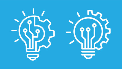 Light Bulb with Gear Symbols for Idea & AI. Innovation Icon Set Vector – Light Bulb with Cogwheel, Inspiration Symbol. Blue background	