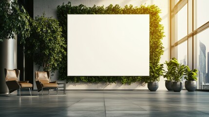 Modern indoor lounge area with large blank whiteboard or screen surrounded by potted plants and lush greenery