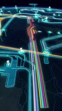 A colorful, futuristic cityscape with many lines and shapes