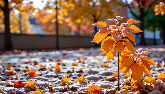 a tranquil autumn scene with fallen orange leaves scattered across the grass, creating a vibrant carpet of color