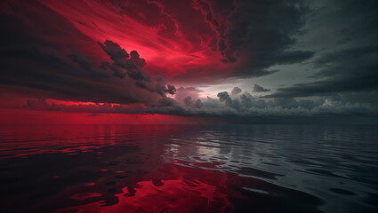 Dramatic red and grey clouds reflecting on calm ocean at sunset
