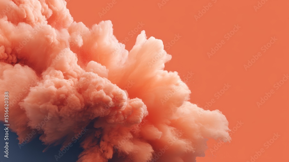 Poster Vibrant orange cloud explosion with textured particles and dynamic movement, abstract color burst filling frame with copy space on right side
