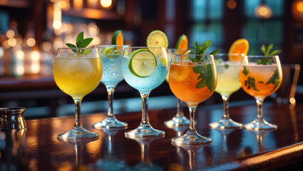 Bartender preparing colorful cocktails on bar counter with blurred background