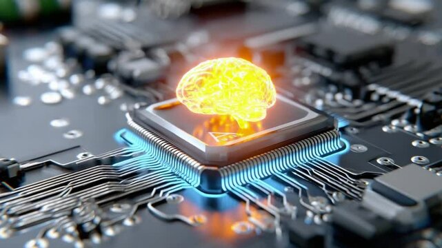 Digital Brain: An intricate circuit board, symbolizing the fusion of technology and intellect, has a glowing brain in the core, demonstrating technological advancement in a visually striking way.