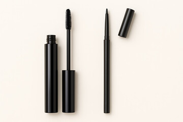Minimal black mascara and liquid eyeliner with applicator brushes on light background, beauty product mockup for cosmetic branding, eye makeup, professional tools and feminine style presentation

