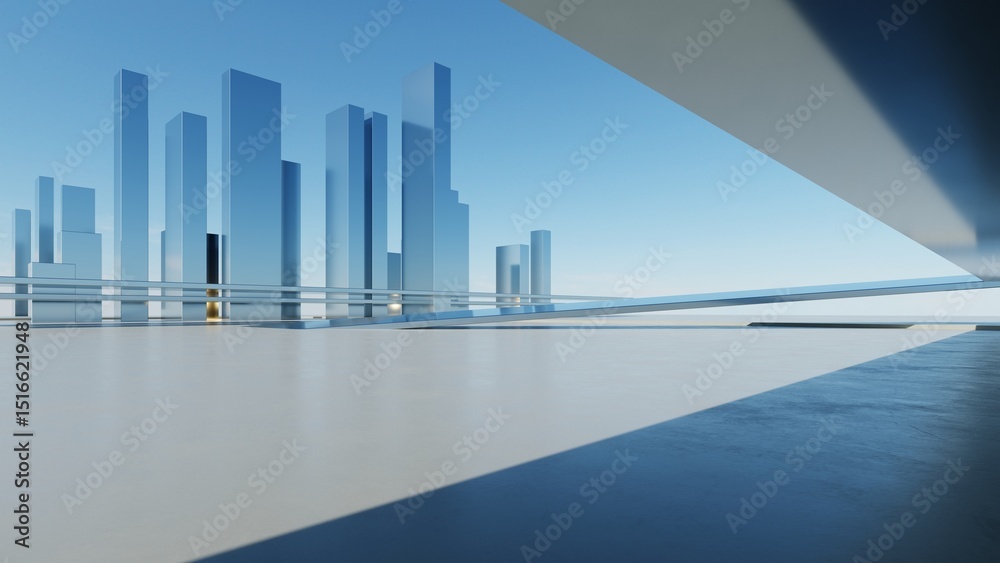 Aufkleber futuristic city landscape, 3d illustration of abstract architecture backdrop with empty concrete flo