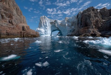 Majestic icy arch surrounded by rugged cliffs and sparkling cold waters