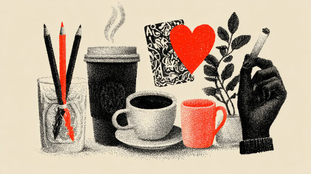 Doodle hands holding pencil and writing message, coffee mug and plauing cards, cigarette with smoke. Cute sketched style drawing set of palms making love and heart gestures. Flat vector human arms.