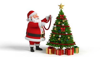 Santa decorating a Christmas tree with presents.
