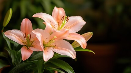 A close-up of delicate pink lily flowers, showcasing their long petals and gentle speckles, symbolizing love and admiration, set against a softly blurred background of greenery.