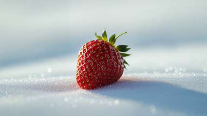 Ripe strawberry resting on sparkling icy surface