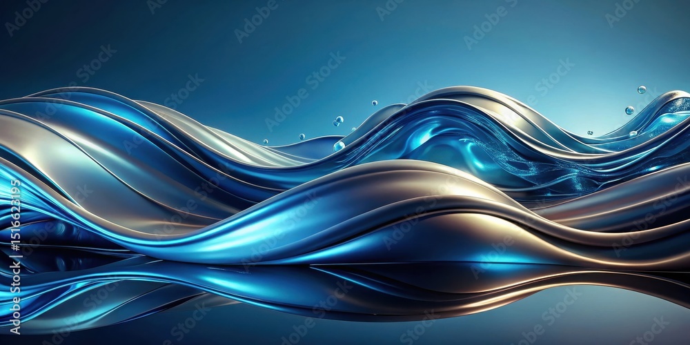 Poster abstract fluid waves a serene display of blue and metallic hues reflecting on a dark surface