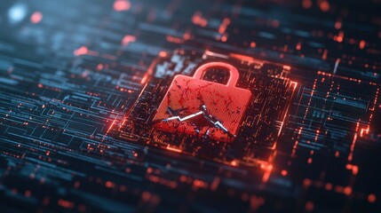 Futuristic digital security concept featu a glowing red padlock symbol over a high-tech digital network background