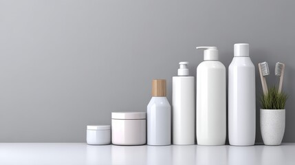 Minimalist white bathroom counter with neatly arranged toiletries including bottles, jars, and toothbrushes in a clean, modern setting with copy space on the right