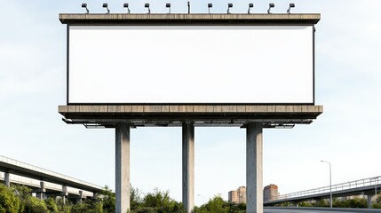 Large blank billboard structure on elevated supports with a clear sky background and surrounding greenery