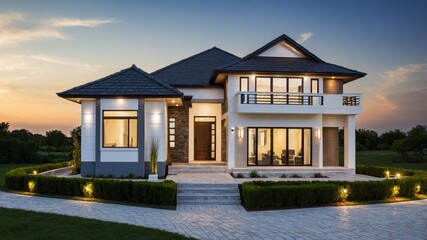 Modern suburban house with illuminated garden at dusk