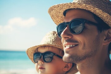 Joyful father and son enjoying sunny day at beach wearing straw hats and sunglasses with blue ocean in background, capturing precious family moments
