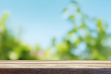 夏の木製テーブルとボケたガーデン背景｜Wooden Table with Blurred Summer Garden Background
