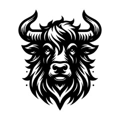 Fototapeta premium Yak head, black and white, line art, monochrome, animal head, bull, cow, wild cattle, tibetan yak, powerful, strong, majestic, fierce, graphic design element, vector illustration, logo, emblem.