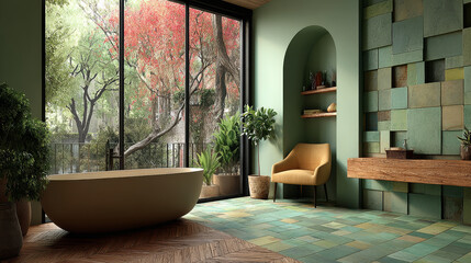 Green mosaic made of square tiles in different shades. fresh design pattern for decorating swimming pool, bathroom, kitchen or modern interiors. Room interior wall 3d background with square bricks.